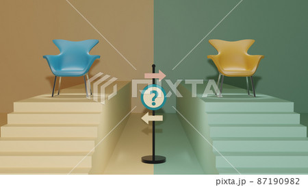 どちらかの椅子を選ぶイメージ　階段　クエスチョンマーク　矢印　3DCG 87190982