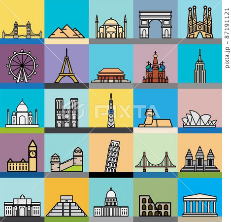 Outline simplicity drawing of world's landmark front elevation view. 87191121