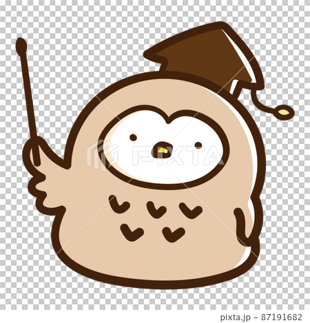 棒を持つ大学教授風のかわいいフクロウのキャラクターの手書きイラスト 87191682