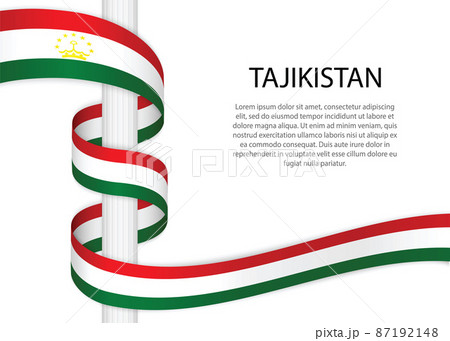 Waving ribbon on pole with flag of Tajikistan. Template for inde 87192148
