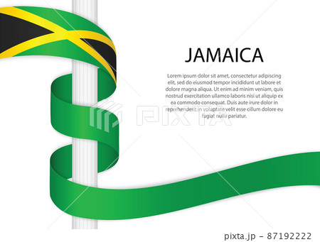 Waving ribbon on pole with flag of Jamaica. Template for indepen Waving ribbon on pole with flag of Jamaica. Template for indepen 87192222