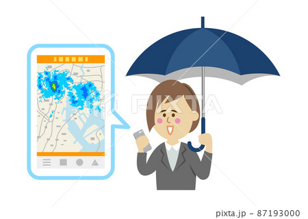 スマホで雨雲レーダーをチェックする女性会社員のイラストイメージ 87193000