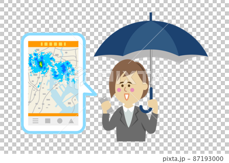 スマホで雨雲レーダーをチェックする女性会社員のイラストイメージ 87193000