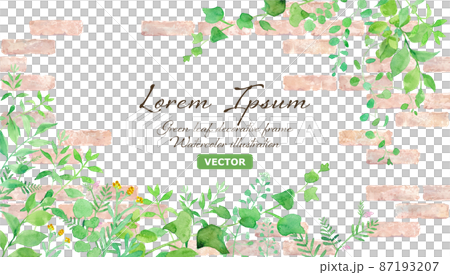 グリーンの草花とレンガの装飾フレーム。水彩イラスト。 （ベクター。レイアウト変更可能） 87193207