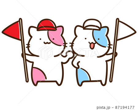 紅白に分かれるかわいいねこのキャラクターの手書き風イラスト 紅白に分かれるかわいいねこのキャラクターの手書き風イラスト 87194177