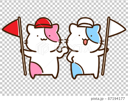 紅白に分かれるかわいいねこのキャラクターの手書き風イラスト 紅白に分かれるかわいいねこのキャラクターの手書き風イラスト 87194177