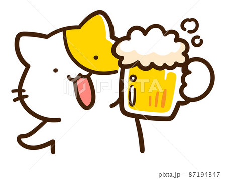 ビールジョッキで乾杯するかわいいねこのキャラクターの手書き風