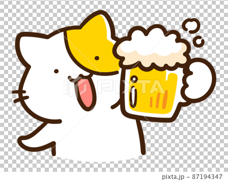 Handwritten style illustration of a cute cat character toasting with a beer mug 87194347