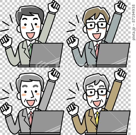 Upper body set of a businessman who looks at a PC and pushes his fist up Upper body set of a businessman who looks at a PC and pushes his fist up 87194938
