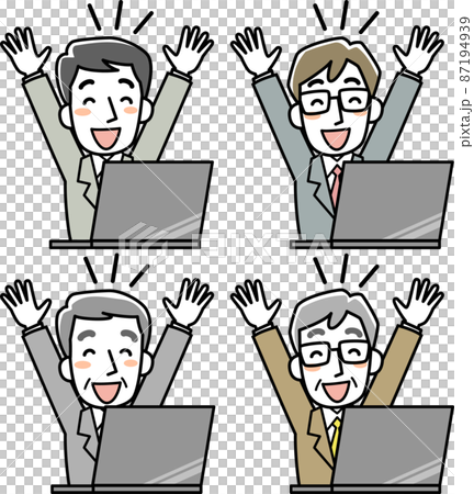 Upper body set of a businessman who looks at a PC and does a banzai Upper body set of a businessman who looks at a PC and does a banzai 87194939
