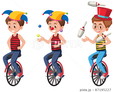 Set of clown performing cartoon character on unicycle 87195227