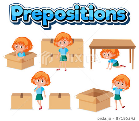 Preposition wordcard with girl and boxes 87195242
