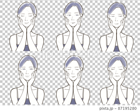 Simple female illustration set with a real face that puts your hand on your cheek Simple female illustration set with a real face that puts your hand on your cheek 87195280