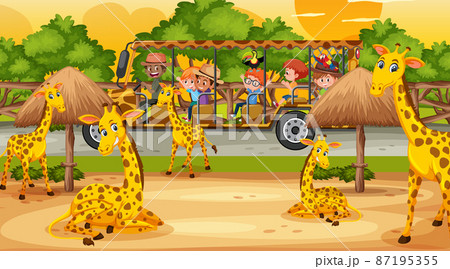 Safari at sunset scene with kids watching giraffe group 87195355