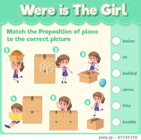 Prepostion wordcard design with girl and boxes 87195356
