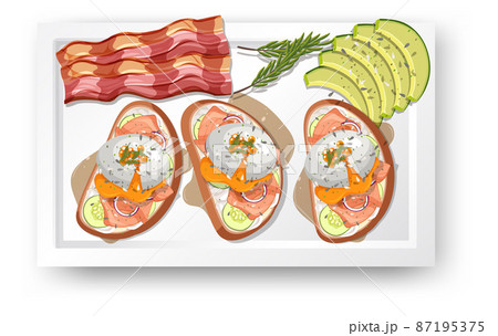 Top view food, egg benedict and avocado on white background Top view food, egg benedict and avocado on white background 87195375