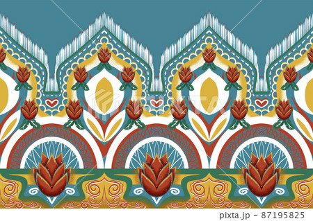 Red Flower on Indigo Blue, Yellow, Green Geometric ethnic oriental pattern traditional Design for background,carpet,wallpaper,clothing,wrapping,Batik,fabric, vector illustration embroidery style 87195825