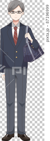 全身立ちポーズ　男子学生　ブレザー服チェック柄 87196999