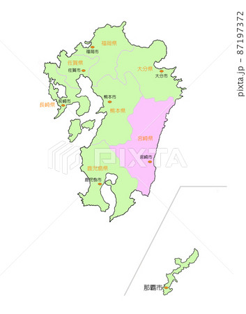 日本地図 九州 宮崎 ピンクのイラスト素材