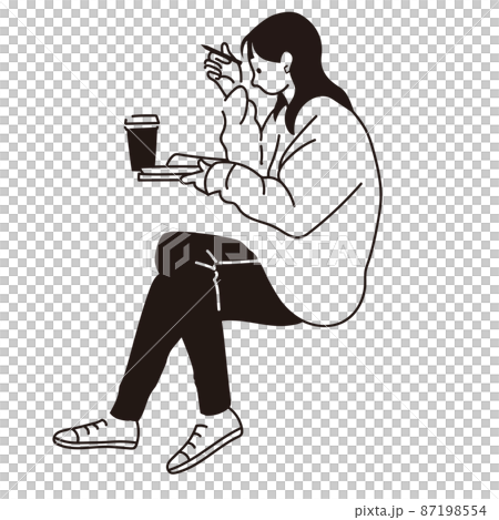 Illustration vector material: Vector line drawing of a woman studying at a cafe 87198554