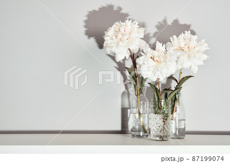 Elegant white peonies flowers arrangement on table wall background, trendy shadows Elegant white peonies flowers arrangement on table wall background, trendy shadows 87199074