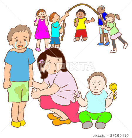 ヤングケアラー　幼い弟達の世話をしながらうらやましそうに同級生を見ている女の子のイラスト 87199416