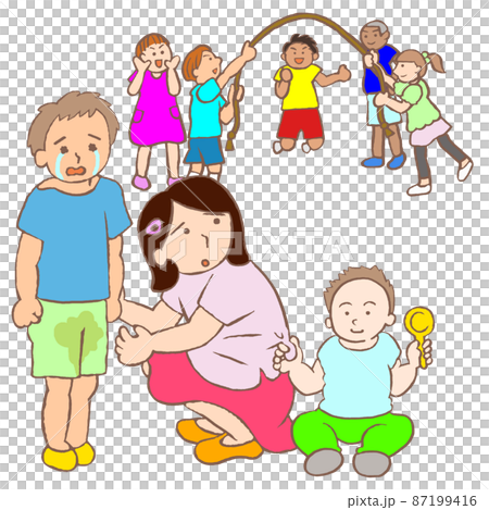 ヤングケアラー　幼い弟達の世話をしながらうらやましそうに同級生を見ている女の子のイラスト 87199416