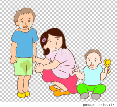 ヤングケアラー　幼い弟達の世話をする小学生の女の子のイラスト 87199417