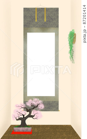 桜の盆栽と掛軸のある床の間飾り背景イラスト 桜の盆栽と掛軸のある床の間飾り背景イラスト 87201414