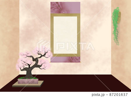 桜の盆栽と花入、掛軸のある床の間飾り背景イラスト 87201637