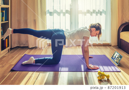 Young attractive woman in sports clothing doing workout at home Young attractive woman in sports clothing doing workout at home 87201913