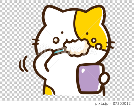 歯磨きをするかわいいねこのキャラクターの手書き風イラスト 87203012