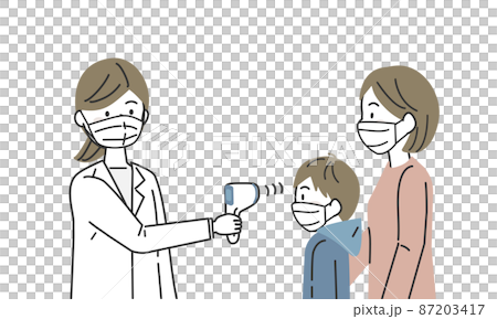 子供の検温をする白衣の医療スタッフ 87203417