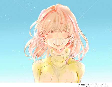 笑顔で泣いている女性 青空 笑顔で泣いている女性 青空 87203862
