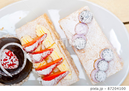 selection of fresh cream cake dessert plate selection of fresh cream cake dessert plate 87204100