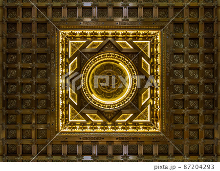 Elaborate sculptures on ceiling design inside the Buddhist church of Fo Guang San Temple. 87204293