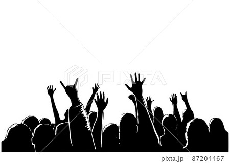 Silhouettes of people, the audience at the concert. Crowd of fans in front of the stage. Vector illustration. 87204467