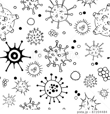 Viruses and bacteria doodle pattern. Seamless backdrop. Microbiology vector bacterial cells on transparent background. Viruses and bacteria doodle pattern. Seamless backdrop. Microbiology vector bacterial cells on transparent background. 87204484