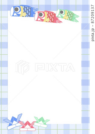 鯉のぼりと折り紙の兜　背景素材　チェック柄　縦構図 87209137