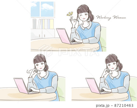 パソコンで仕事をしている若い女性イラストセット パソコンで仕事をしている若い女性イラストセット 87210463
