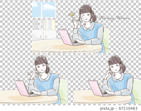 パソコンで仕事をしている若い女性イラストセット パソコンで仕事をしている若い女性イラストセット 87210463
