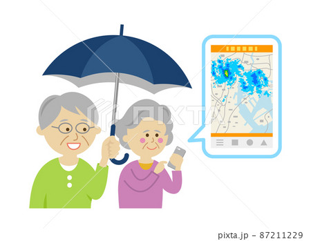 スマホで雨雲レーダーをチェックするシニアのイラストイメージ 87211229