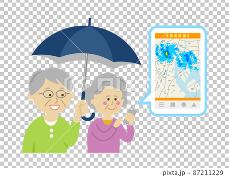 スマホで雨雲レーダーをチェックするシニアのイラストイメージ 87211229
