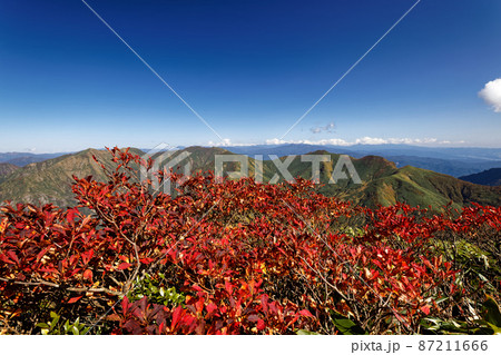 万太郎山の紅葉と谷川連峰の山並み 87211666