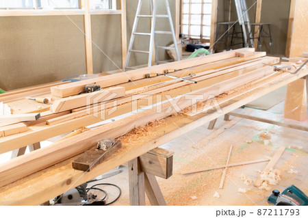 工事現場に置かれている木材と鉋 87211793