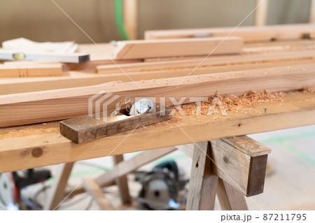 工事現場に置かれている木材と鉋 87211795