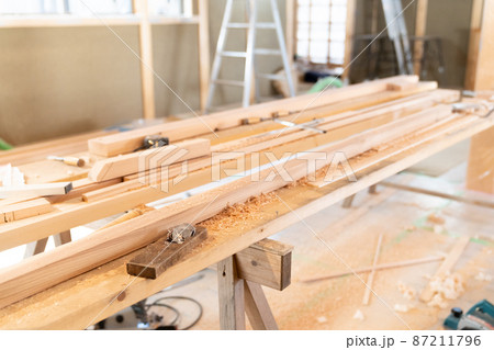 工事現場に置かれている木材と鉋 87211796