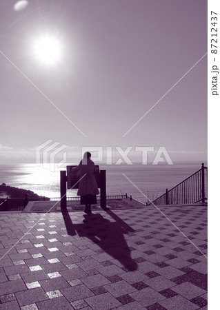 海の夕陽を見る女性のシルエット 87212437