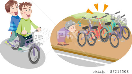 自転車 通行ルール 2人乗りと迷惑駐輪や放置自転車 のイラスト素材