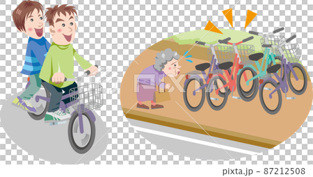 自転車 通行ルール 2人乗りと迷惑駐輪や放置自転車 のイラスト素材